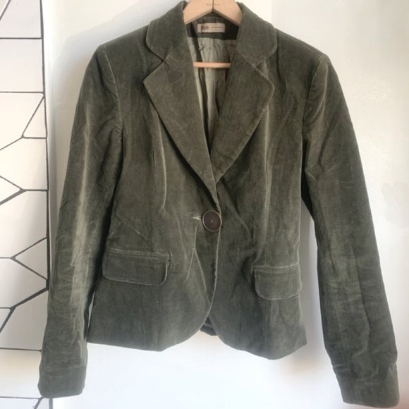 Bye designer army green velvet blazer jacket with large, unique brass button - Picture 1 of 5